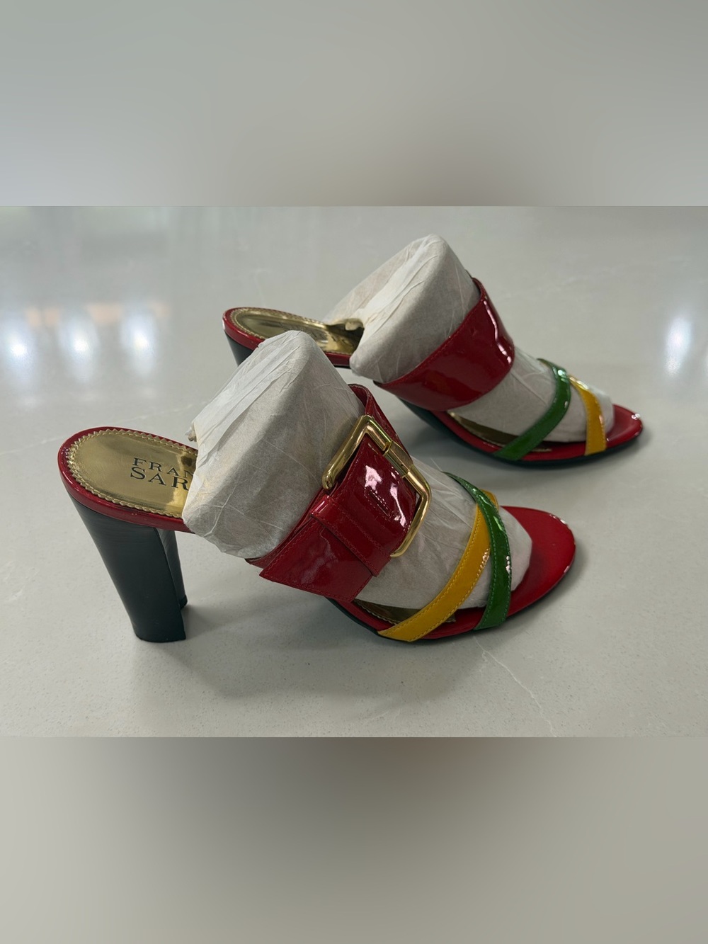 Franco Sarto L-Dente Tricolor Leather Buckle Slide Block Heels 8.5M